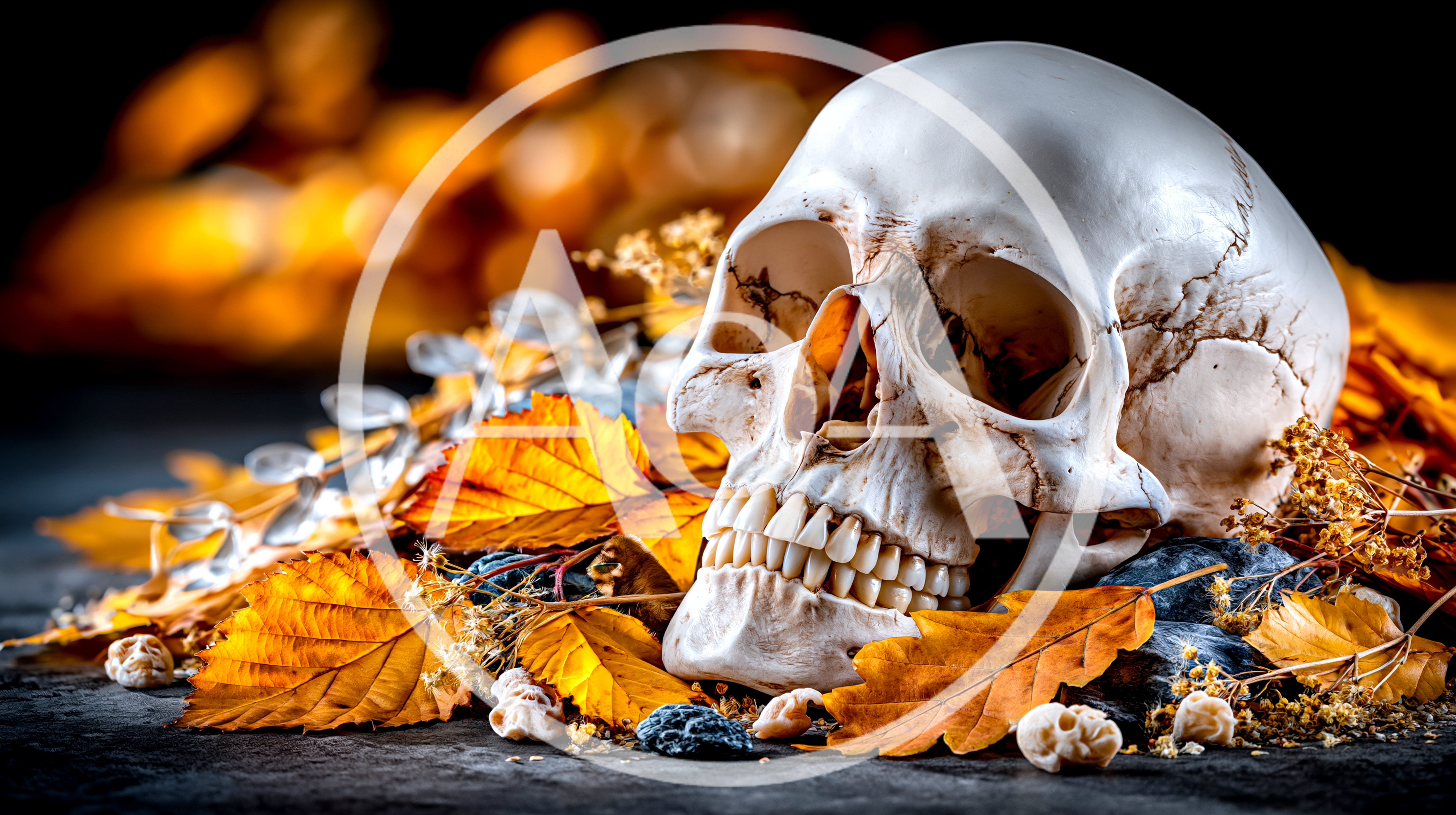 Human Skull Resting Among Autumn Leaves