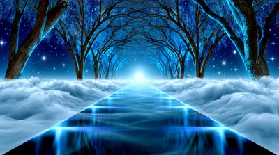 Surreal Path Through Glowing Blue Forest And Clouds