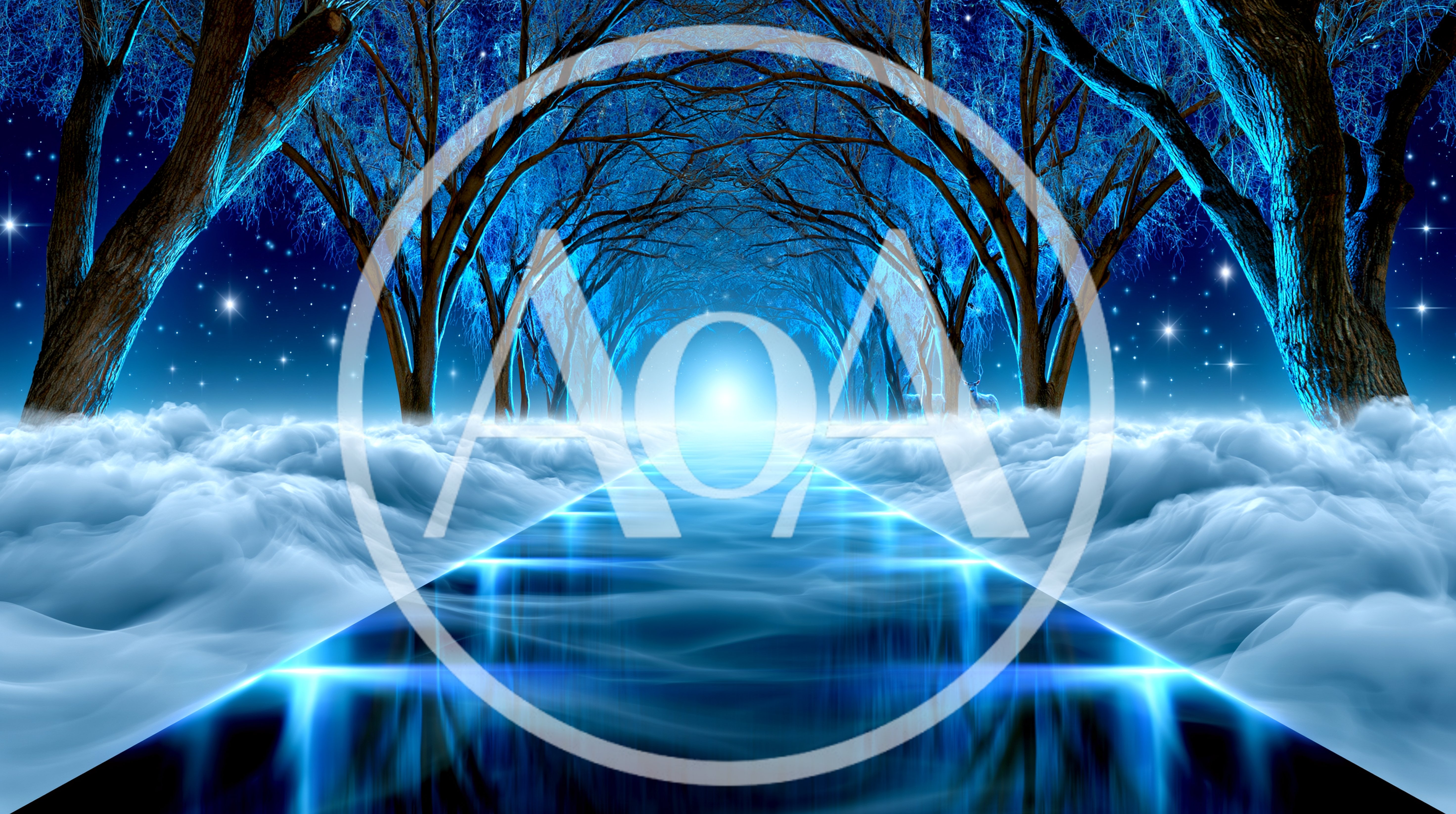 Surreal Path Through Glowing Blue Forest And Clouds