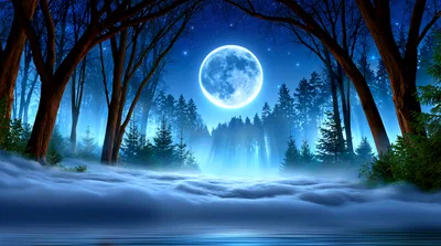 Full Moon Over A Misty Forest Landscape