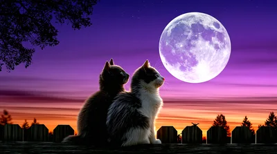 Two Cats Sitting Together Watching The Full Moon