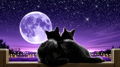 Two Black Cats Sitting Together Under A Full Moon