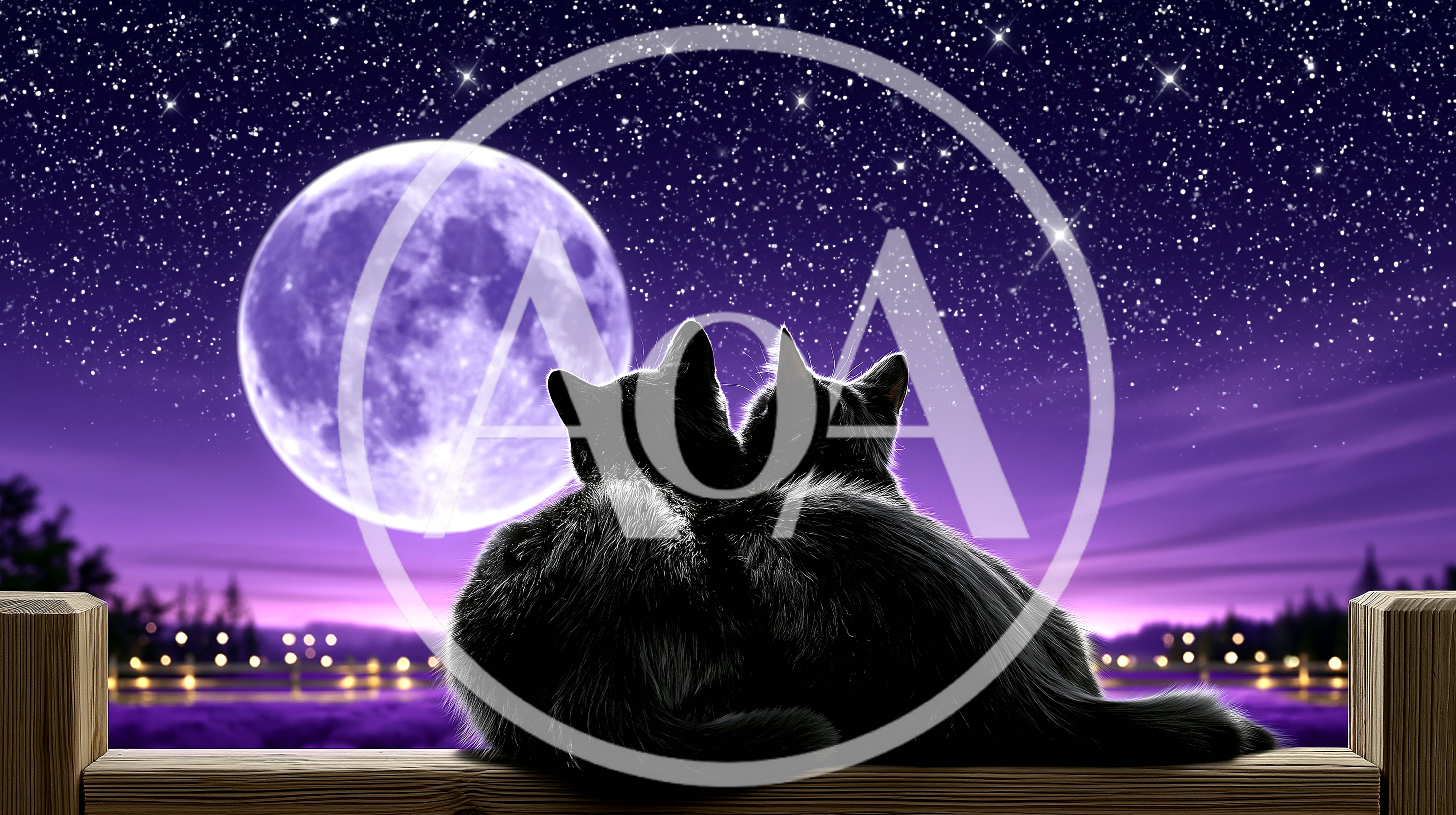 Two Black Cats Sitting Together Under A Full Moon