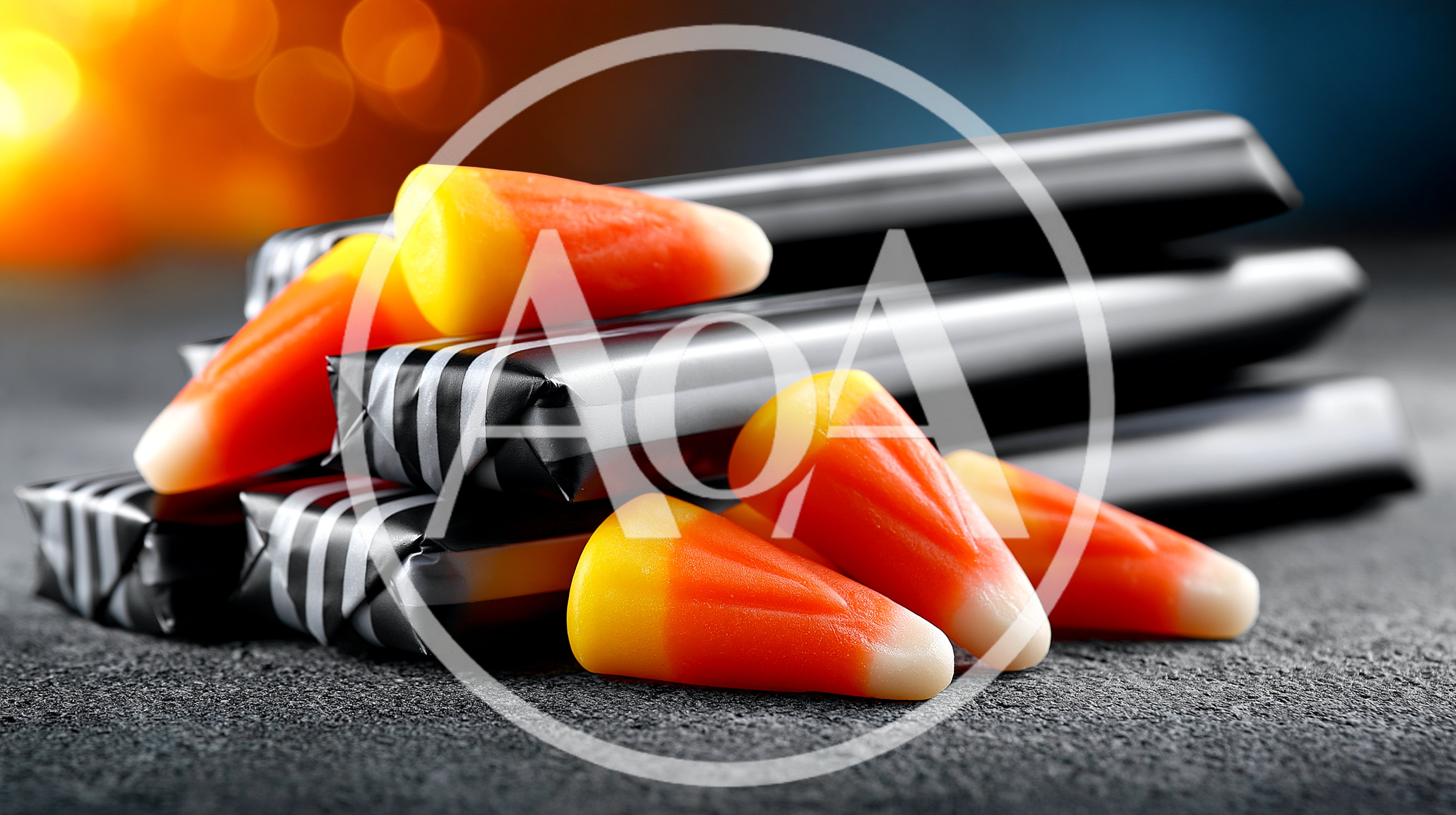 Candy Corn Pieces Resting On Wrapped Chocolate Bars