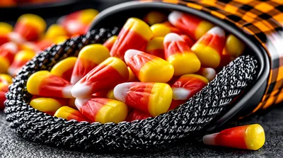Candy Corn Spilling From A Decorative Halloween Basket