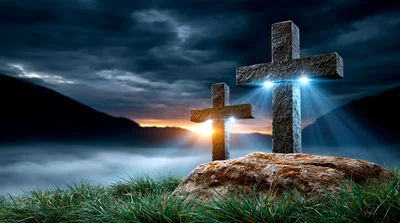 Two Stone Crosses On A Hill At Sunrise