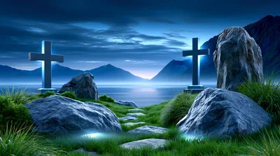 Two Glowing Crosses On A Grassy Hillside At Night