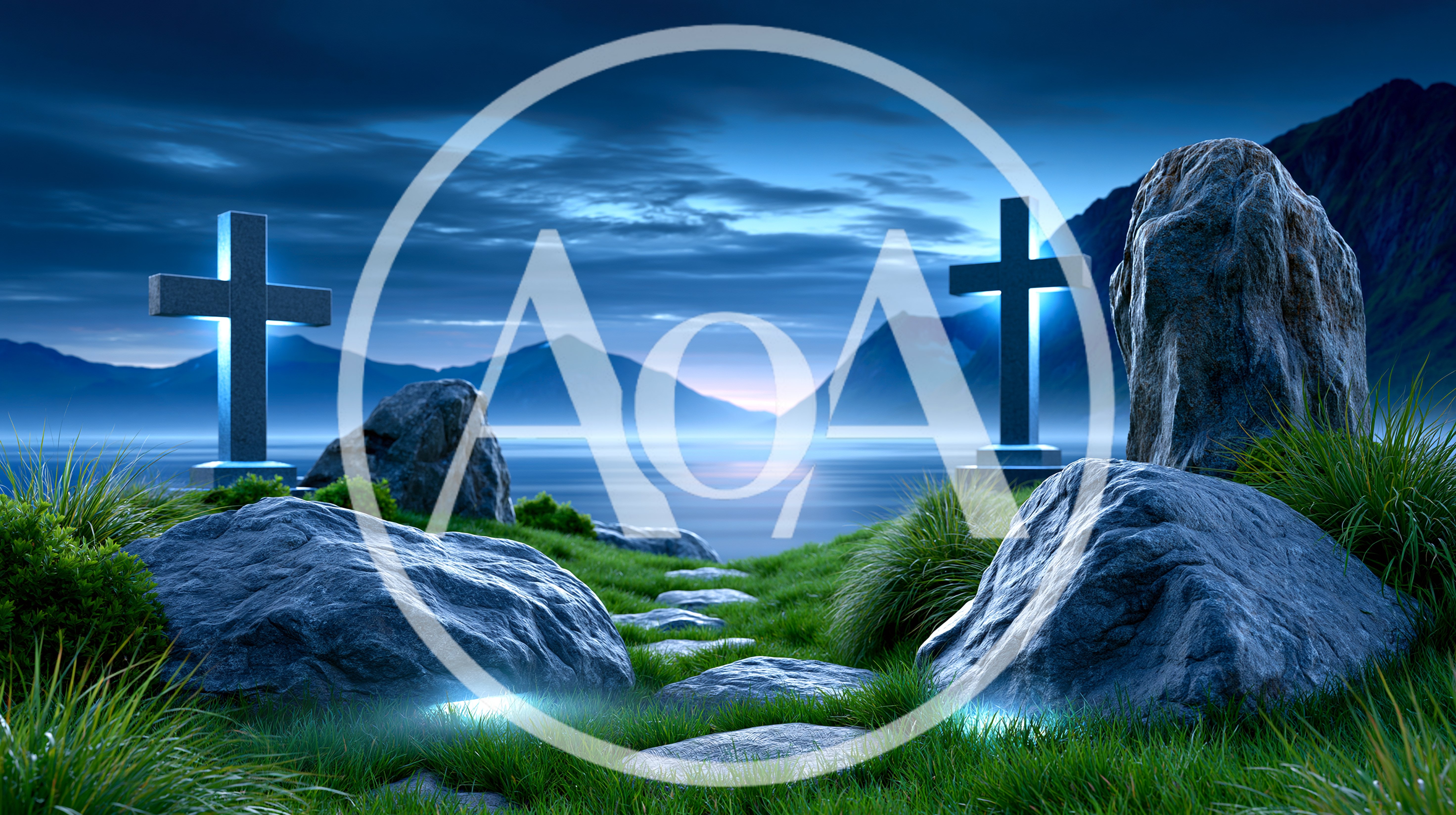 Two Glowing Crosses On A Grassy Hillside At Night