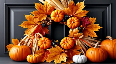 Autumn Wreath With Pumpkins On Black Door