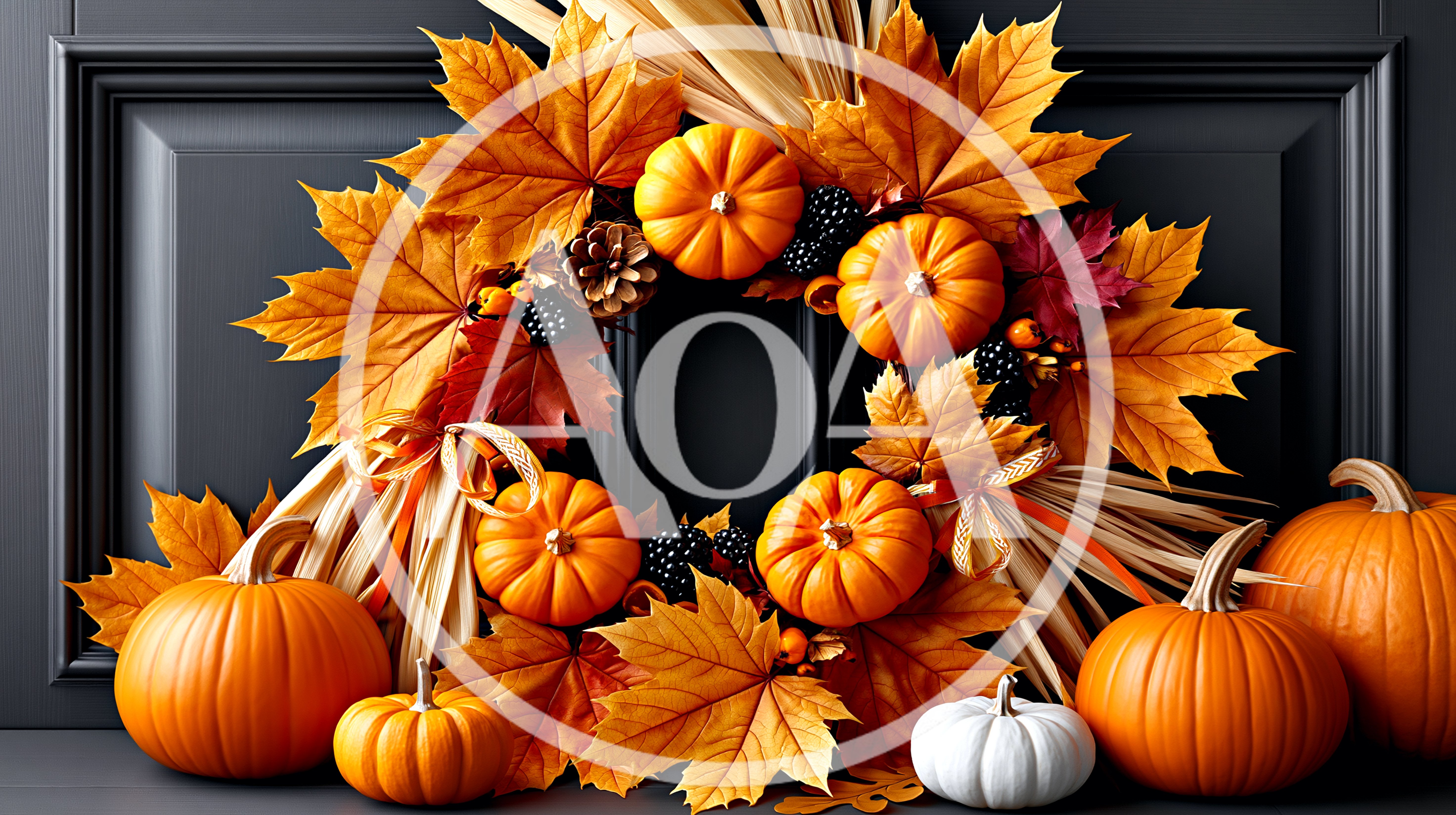 Autumn Wreath With Pumpkins On Black Door