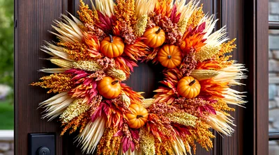 Autumn Harvest Wreath Hanging On A Dark Wooden Door