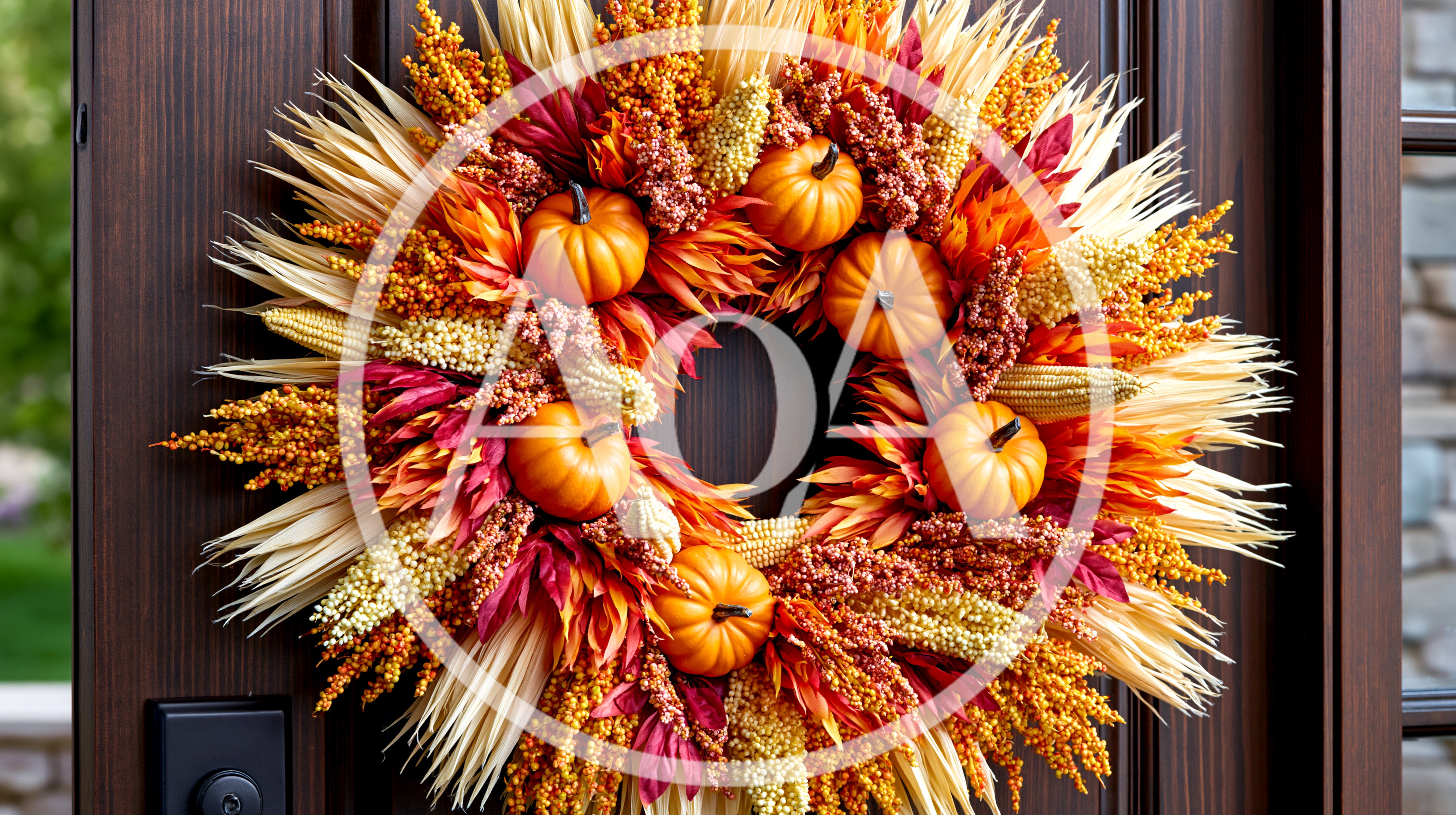 Autumn Harvest Wreath Hanging On A Dark Wooden Door
