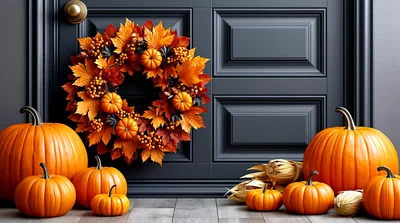 Autumn Front Door Decorated With Pumpkins And Wreath