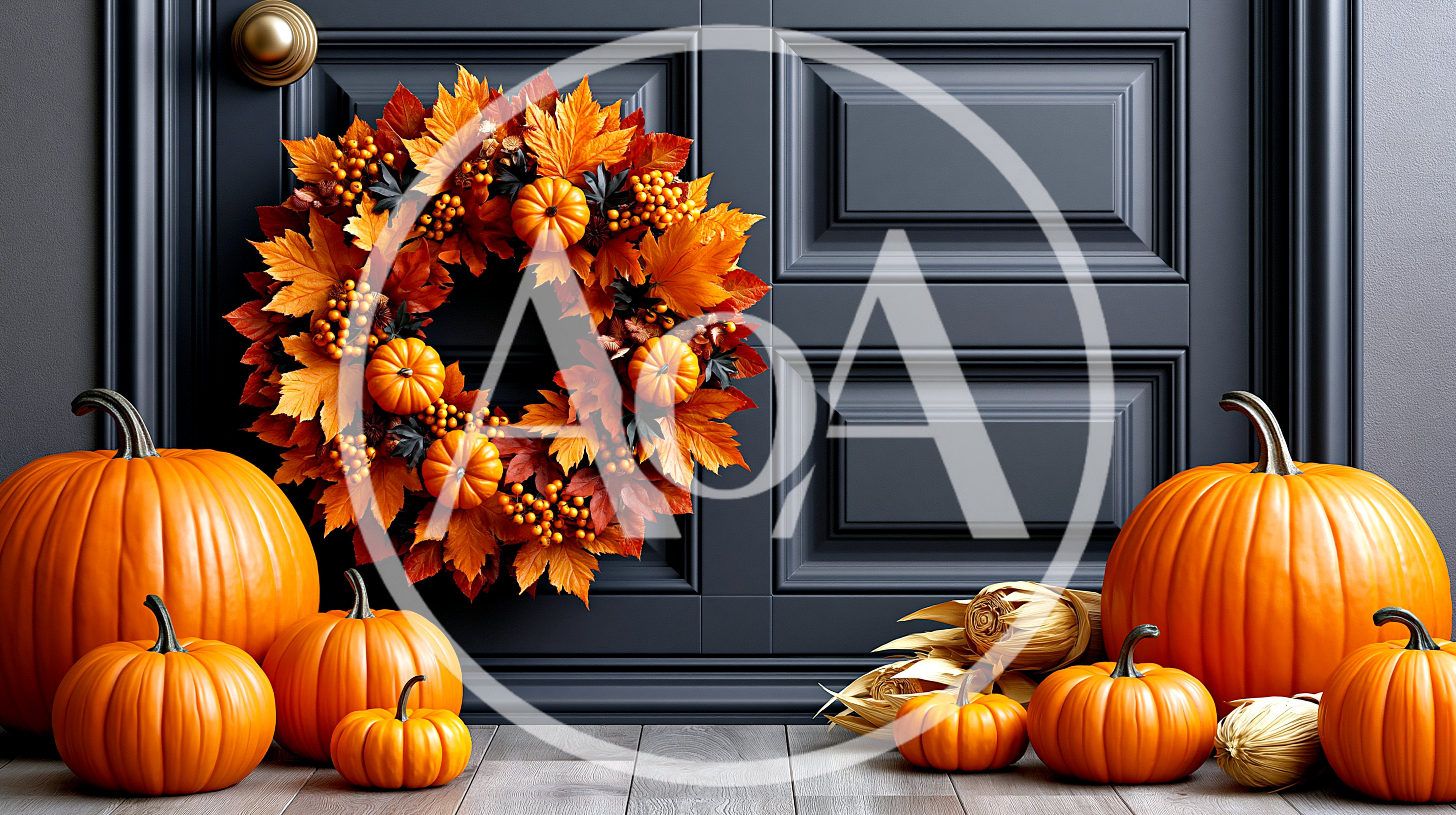 Autumn Front Door Decorated With Pumpkins And Wreath