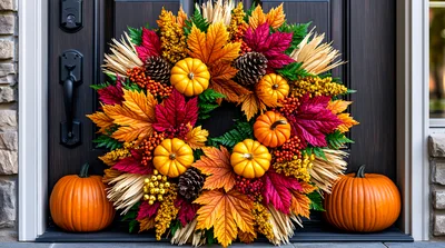 Autumn Wreath With Pumpkins On Front Door