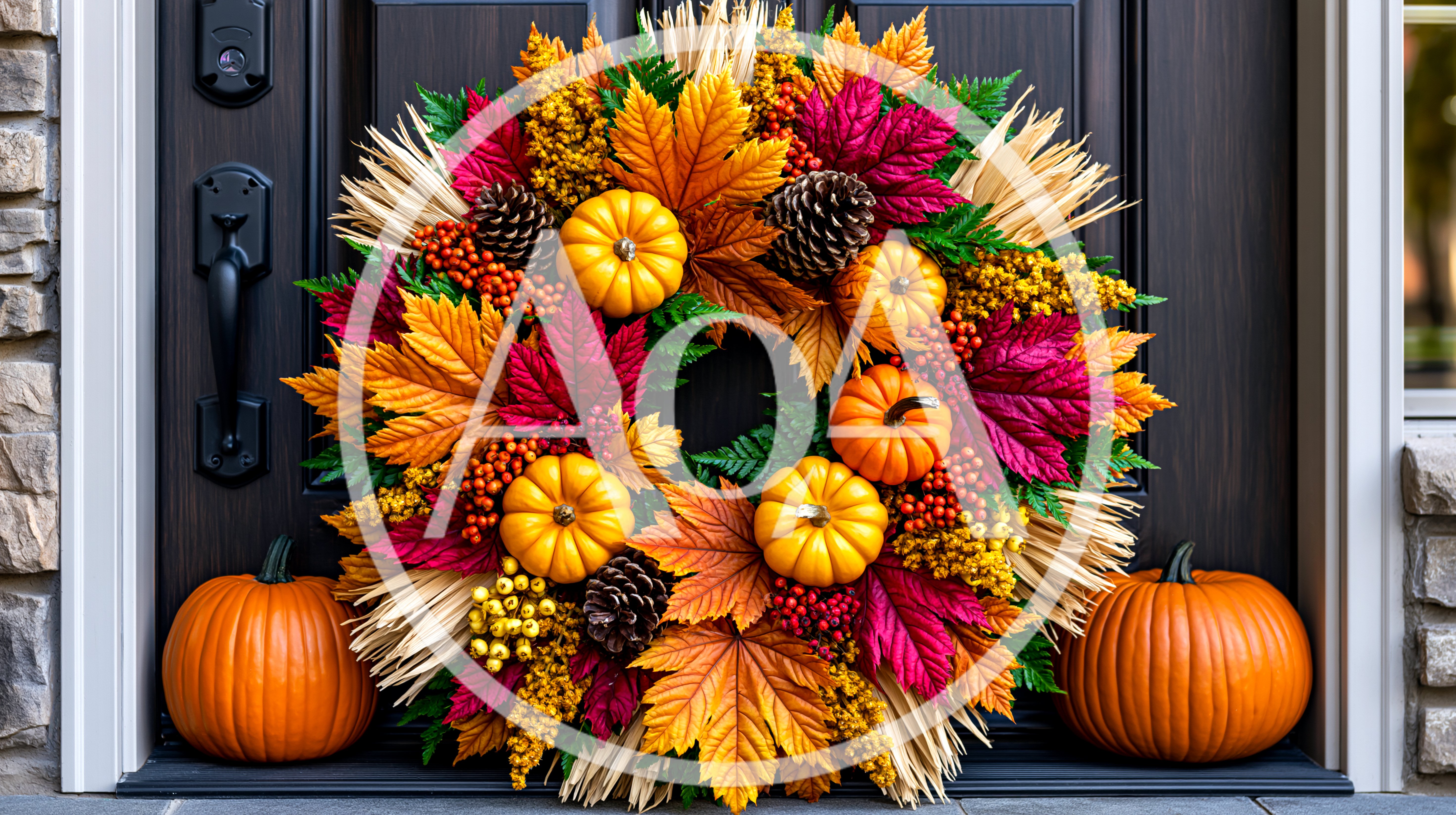Autumn Wreath With Pumpkins On Front Door