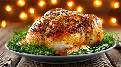 Roasted Whole Chicken Garnished With Fresh Rosemary