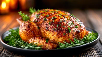 Roasted Whole Chicken Garnished With Fresh Rosemary