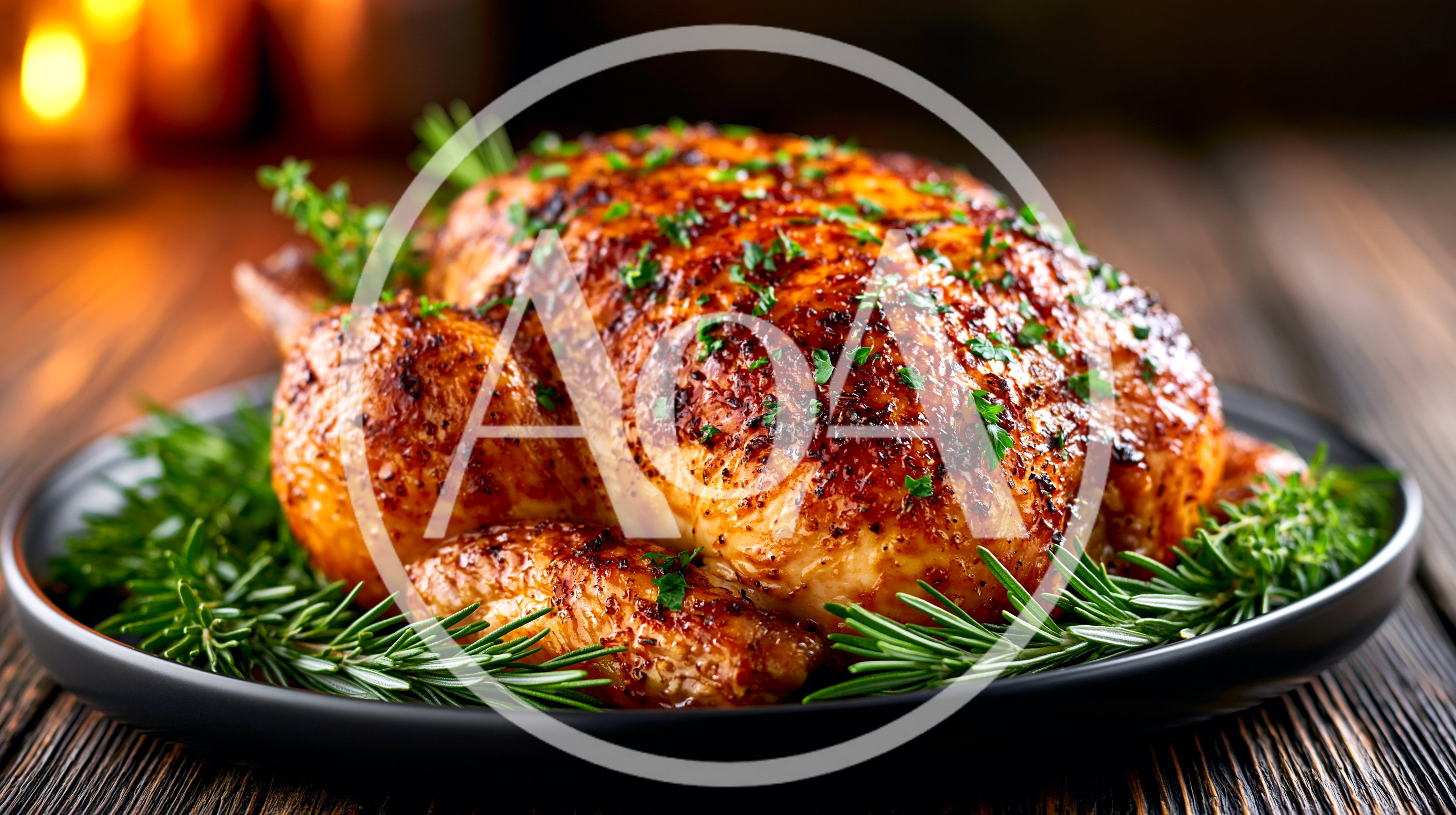 Roasted Whole Chicken Garnished With Fresh Rosemary