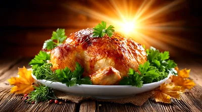 Roasted Whole Chicken Garnished With Fresh Herbs