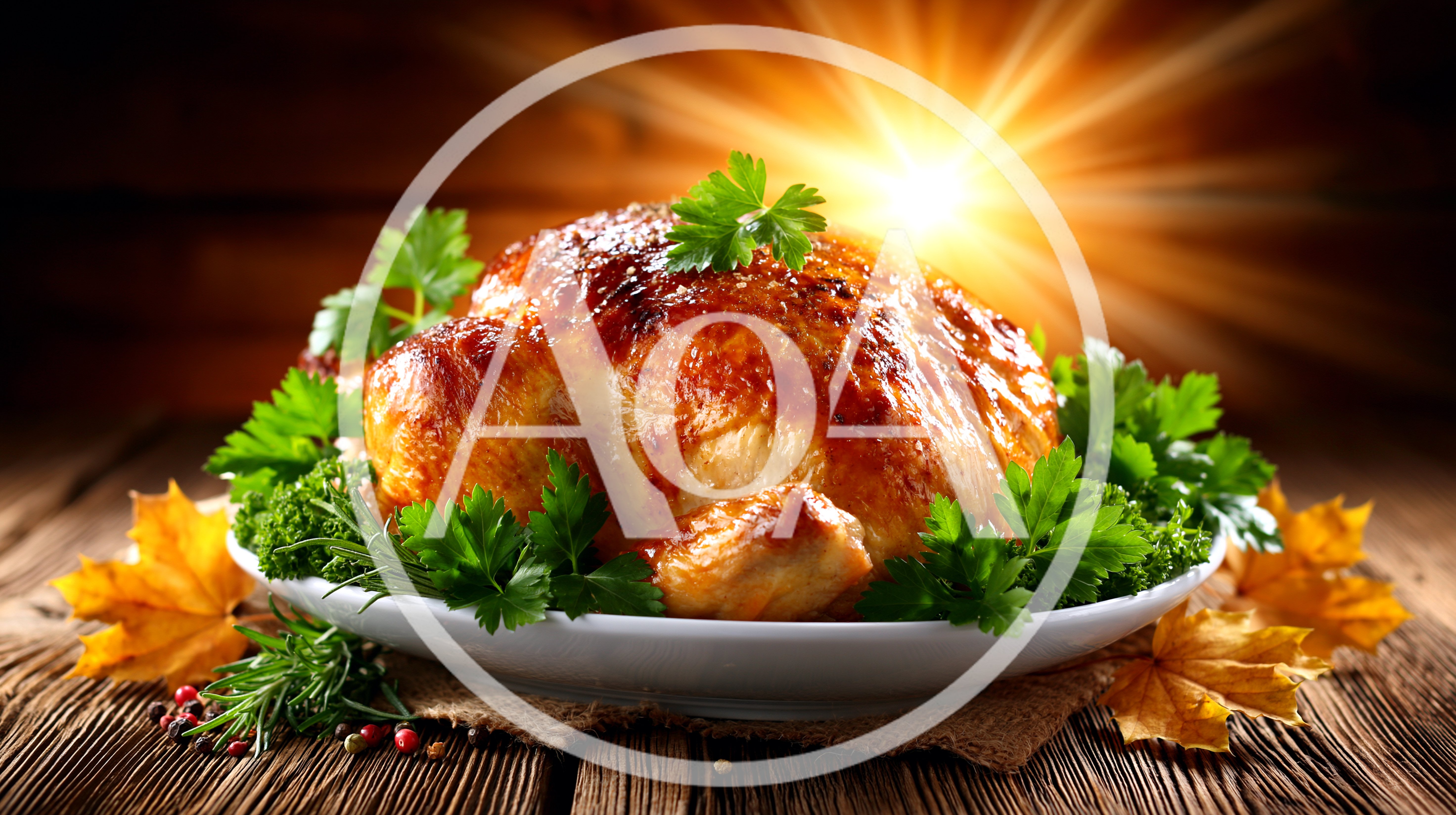 Roasted Whole Chicken Garnished With Fresh Herbs