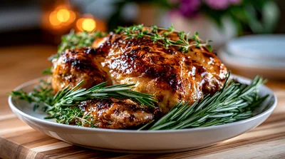 Roasted Whole Chicken Garnished With Fresh Rosemary And Thyme