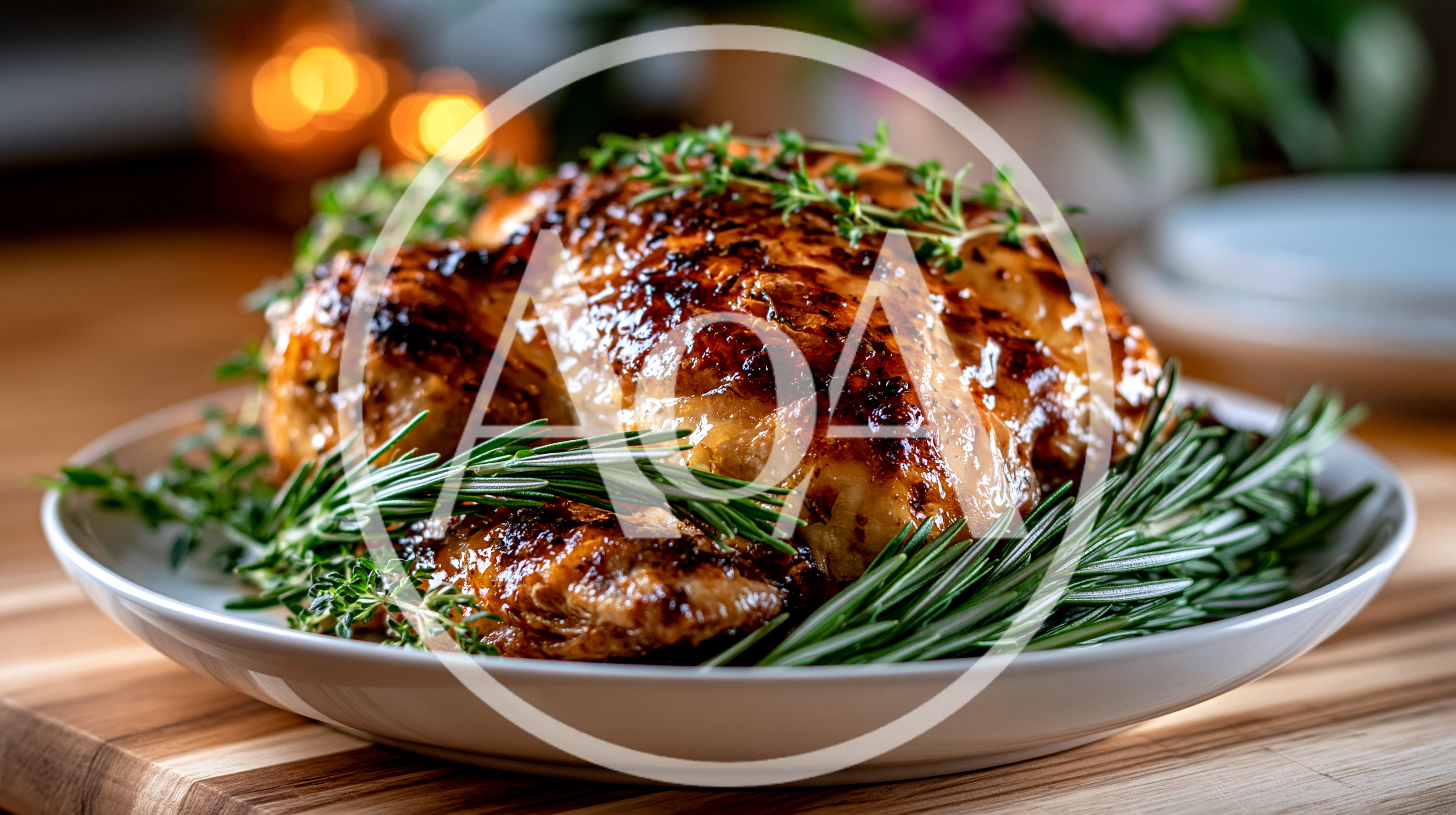 Roasted Whole Chicken Garnished With Fresh Rosemary And Thyme