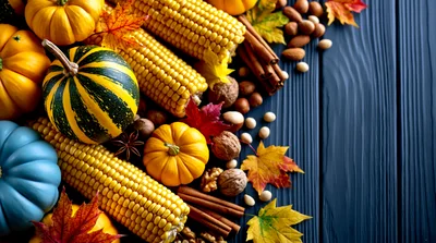Autumn Harvest Composition With Pumpkins And Corn