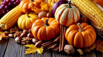 Autumn Harvest Display With Pumpkins And Corn