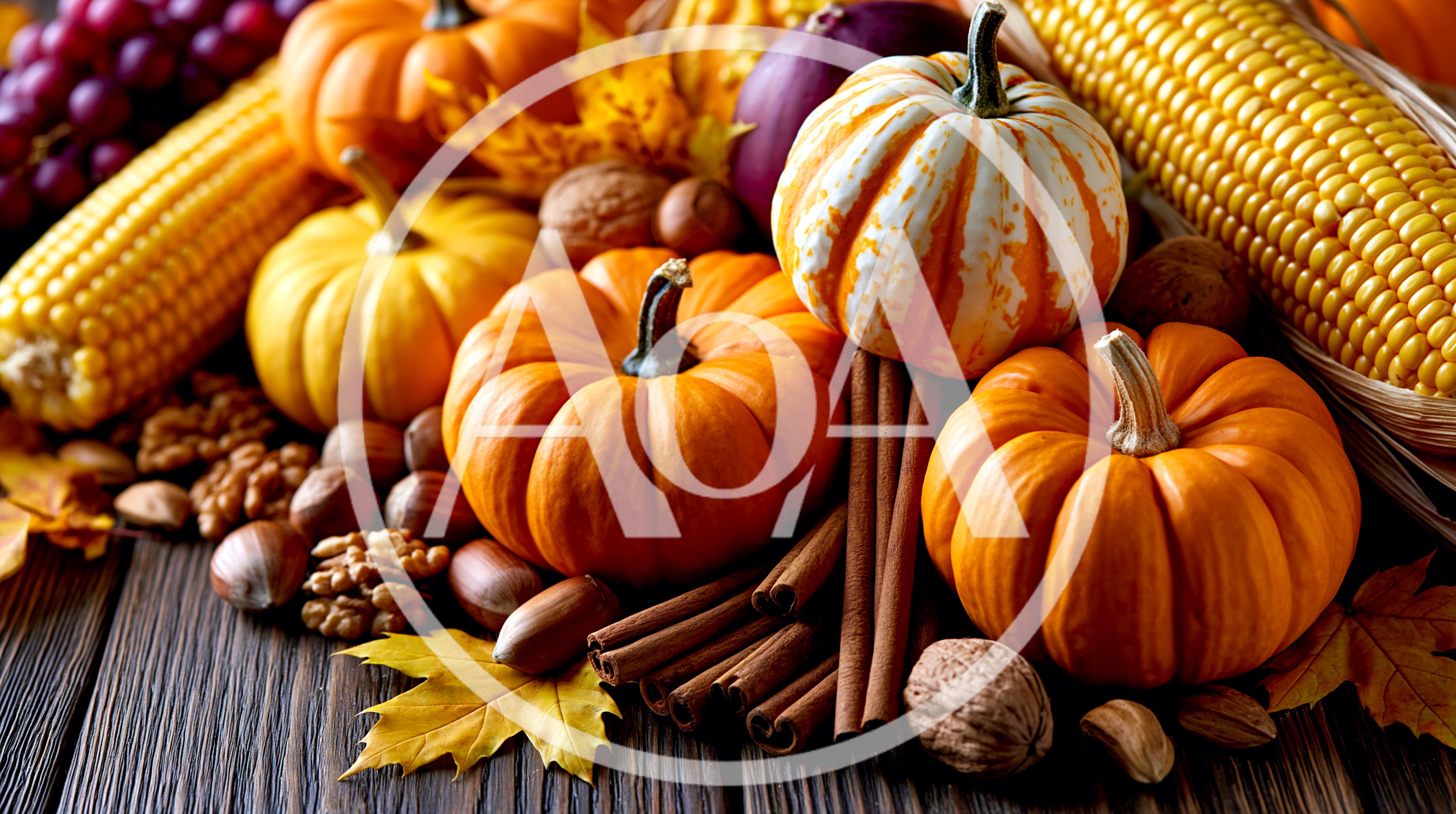 Autumn Harvest Display With Pumpkins And Corn