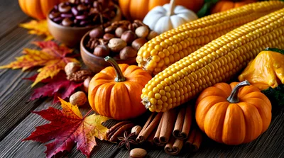 Autumn Harvest Display With Pumpkins Corn And Spices