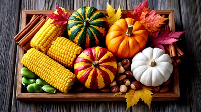 Autumn Harvest Display With Pumpkins And Corn