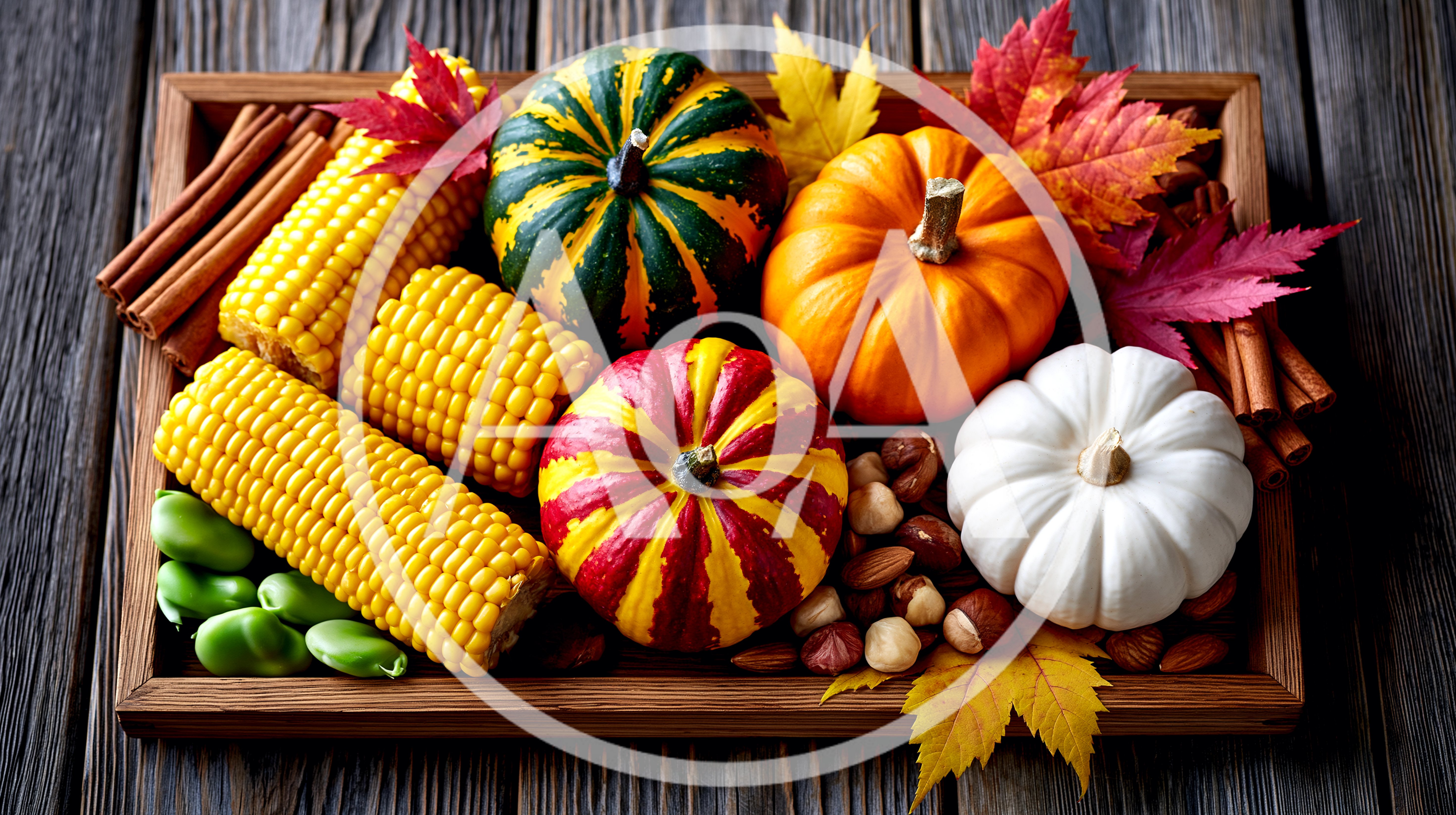 Autumn Harvest Display With Pumpkins And Corn