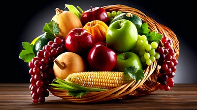 Cornucopia Basket Filled With Fresh Autumn Harvest Fruits