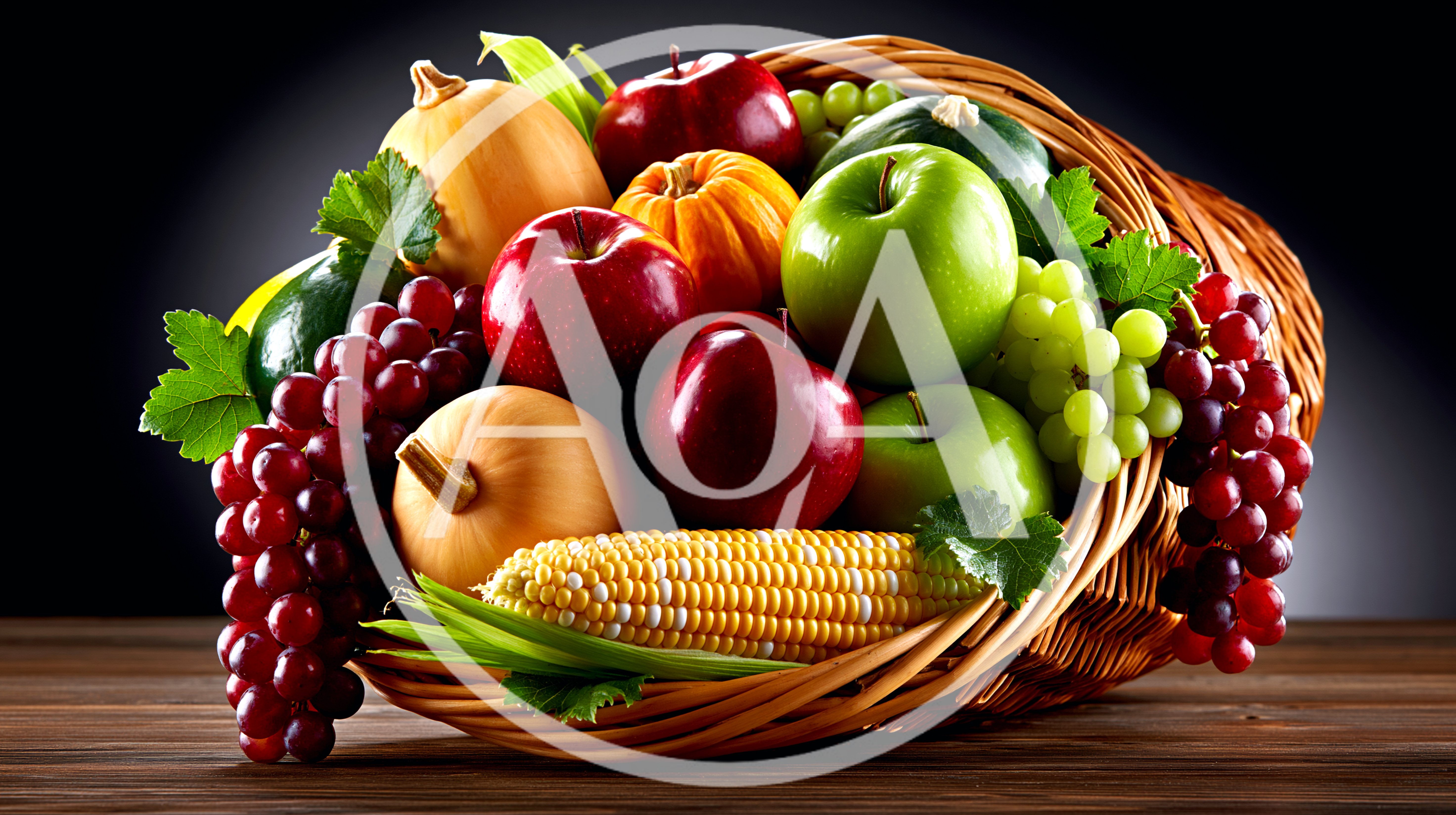 Cornucopia Basket Filled With Fresh Autumn Harvest Fruits