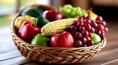 Wicker Basket Filled With Fresh Fruits And Vegetables