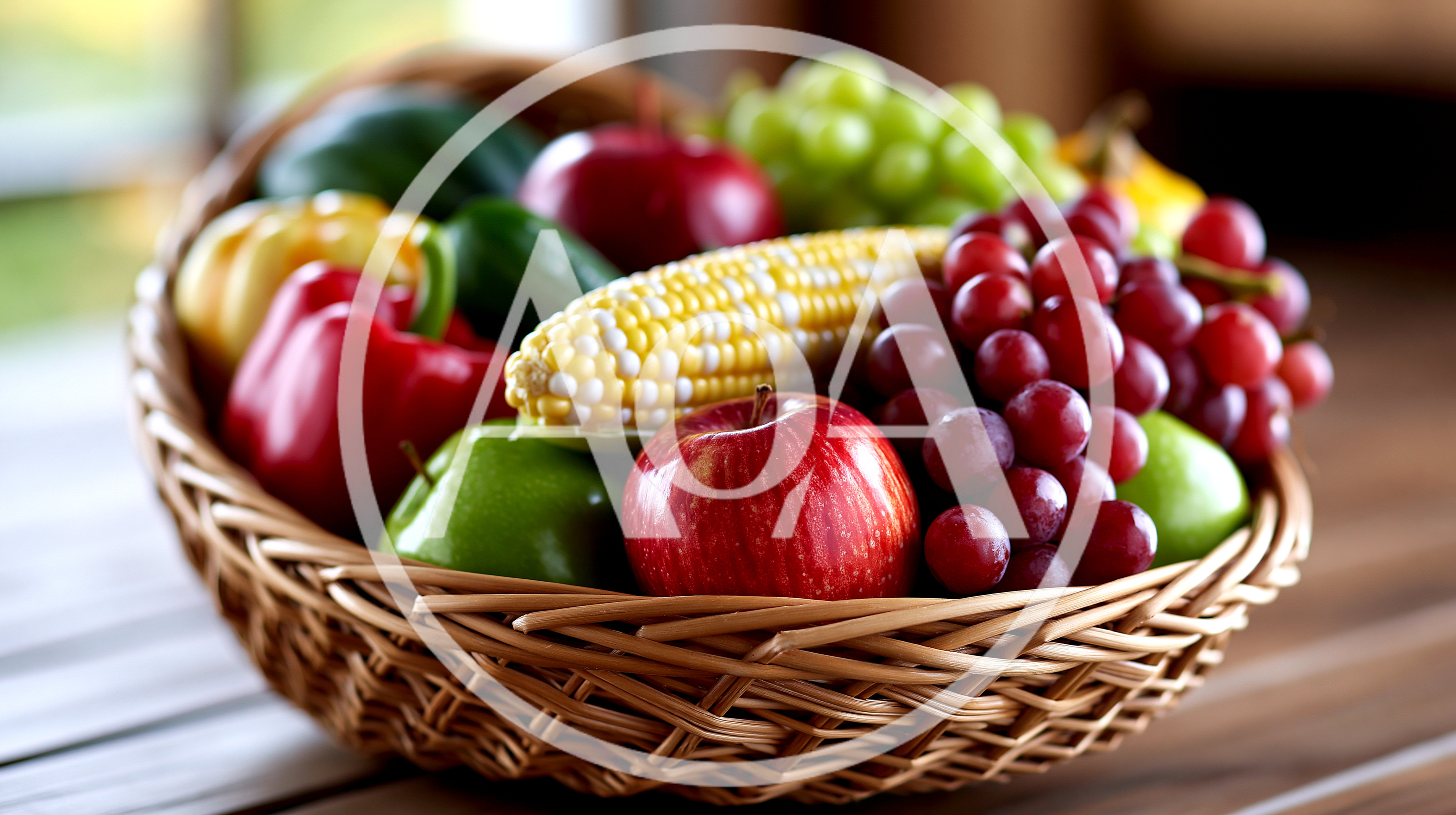 Wicker Basket Filled With Fresh Fruits And Vegetables