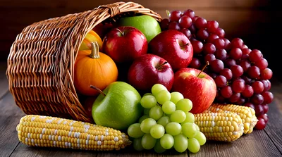 Cornucopia Basket Filled With Fresh Autumn Harvest Fruits