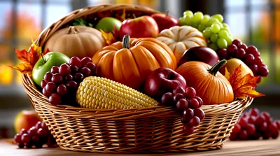Autumn Harvest Basket With Pumpkins And Fruit