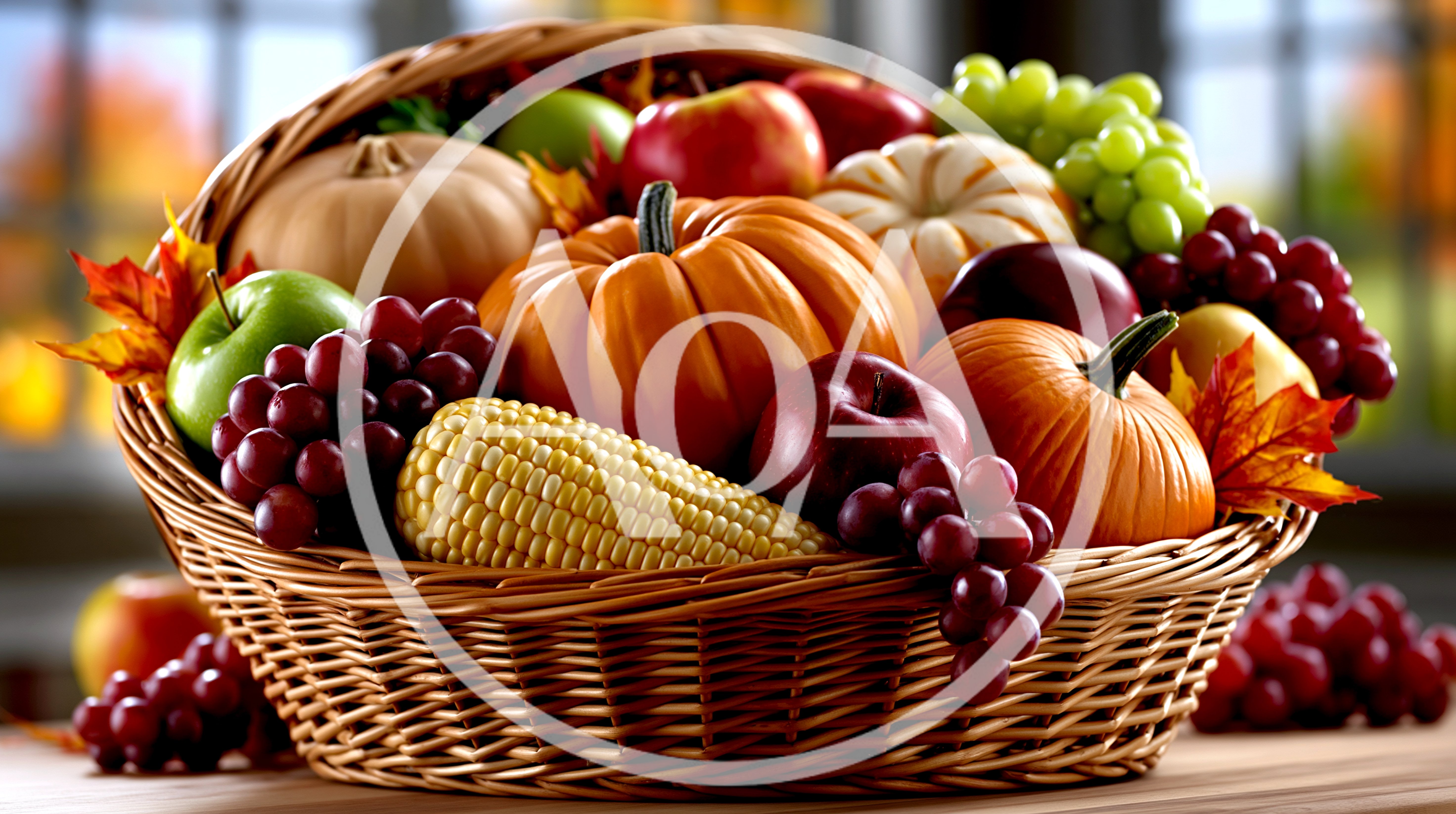 Autumn Harvest Basket With Pumpkins And Fruit