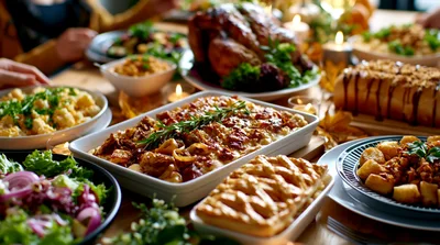 Festive Thanksgiving Dinner Table Spread With Roasted Turkey