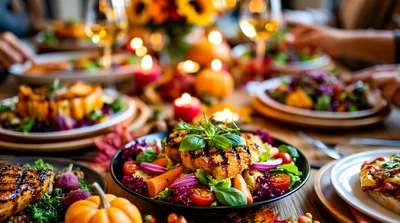 Thanksgiving Dinner Table With Roasted Vegetables And Wine