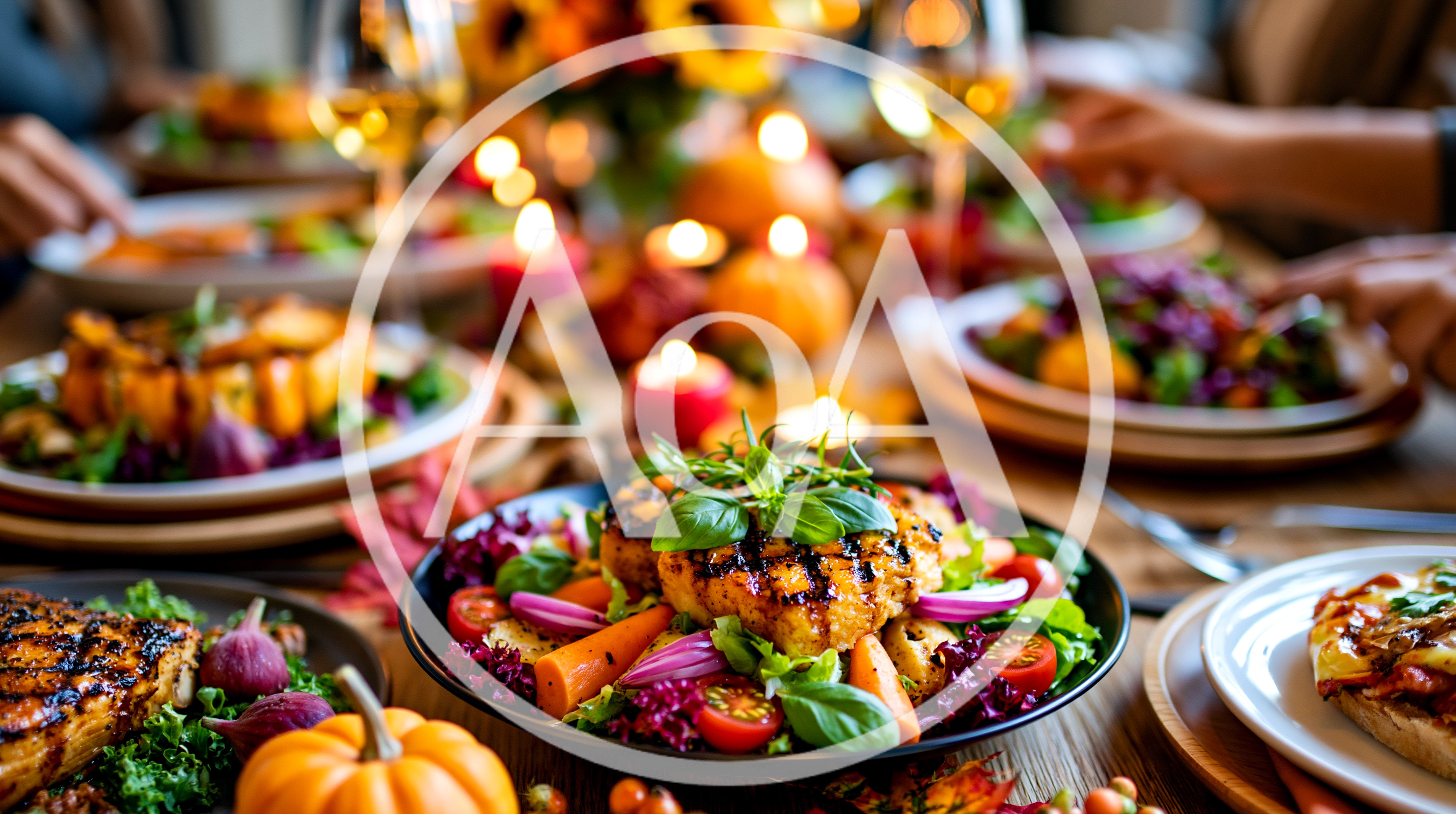 Thanksgiving Dinner Table With Roasted Vegetables And Wine