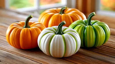 Four Decorative Pumpkins On A Wooden Table