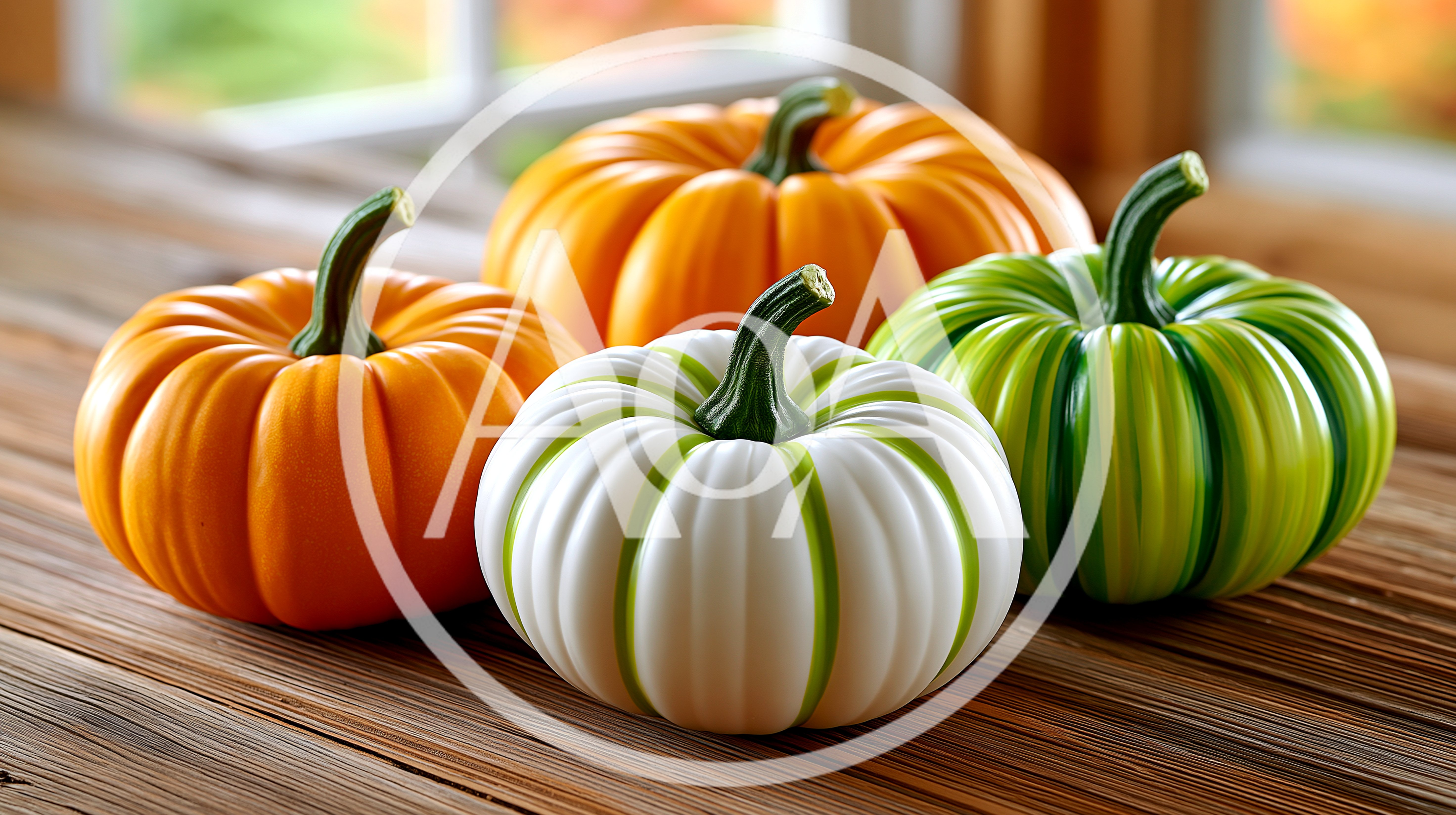 Four Decorative Pumpkins On A Wooden Table