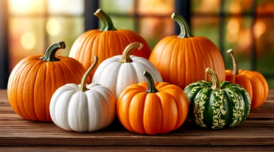 Assorted Pumpkins And Gourds On Wooden Table