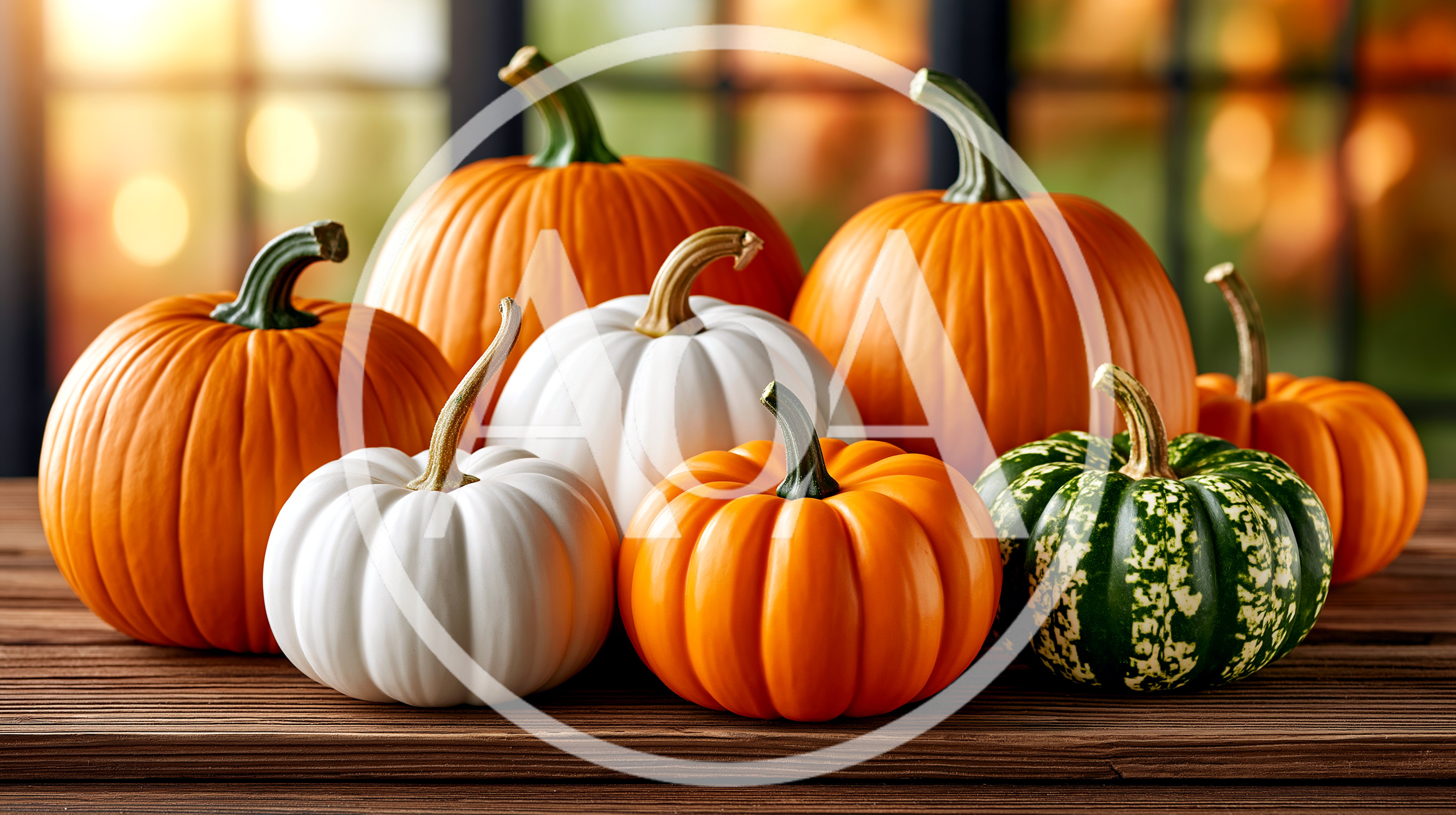 Assorted Pumpkins And Gourds On Wooden Table