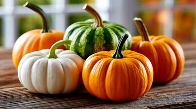 Assorted Decorative Pumpkins On A Rustic Wooden Table