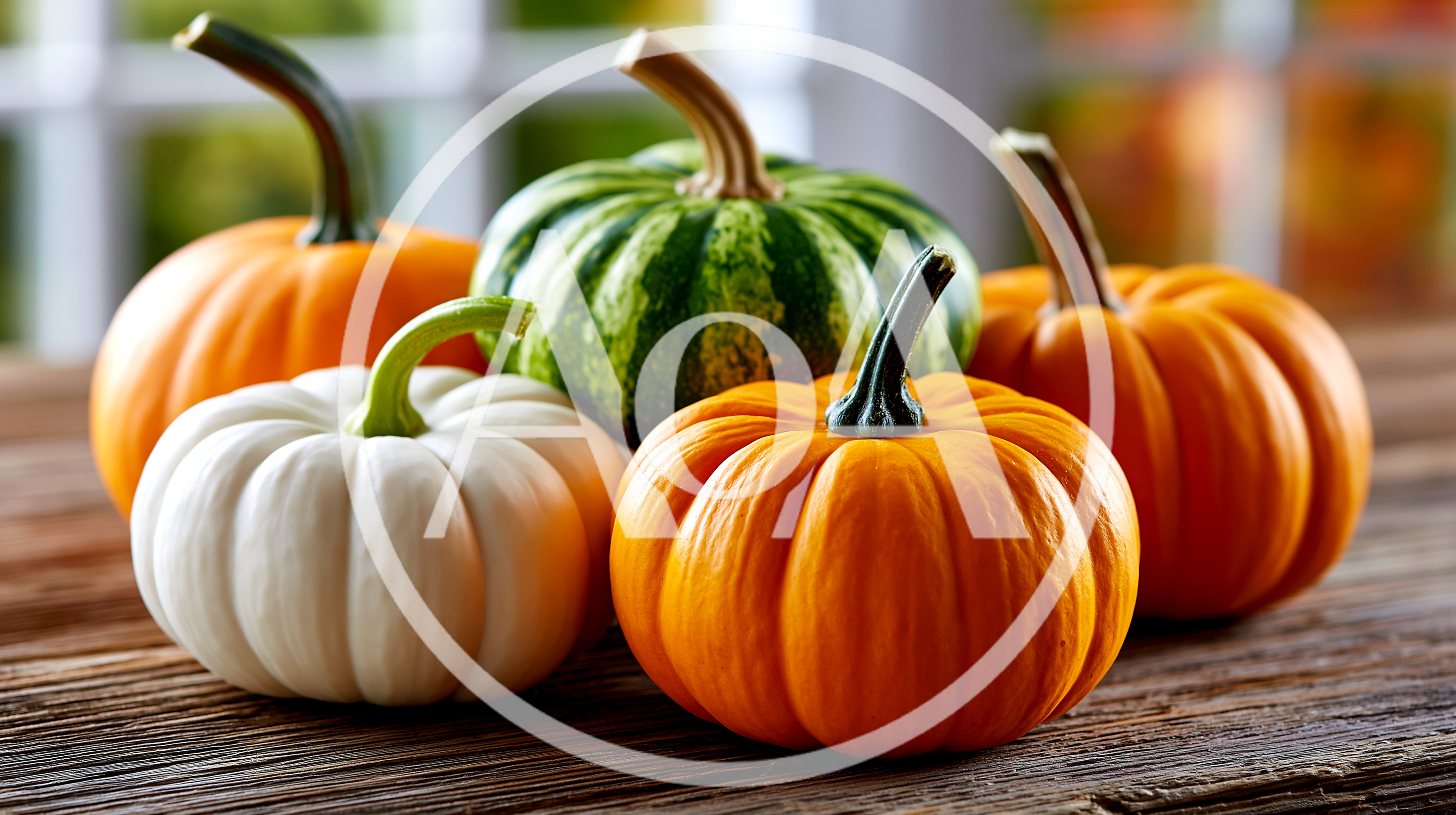 Assorted Decorative Pumpkins On A Rustic Wooden Table