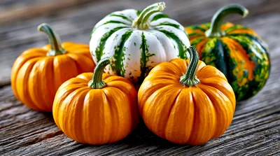 Assorted Decorative Pumpkins on Rustic Wooden Surface